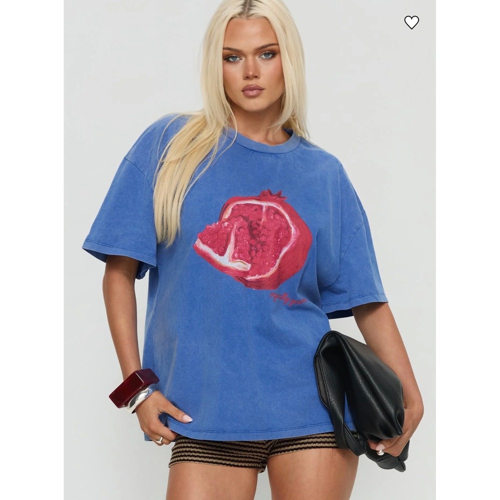 Princess Polly Blue Pomegranate Organically Grown Graphic Tee Oversized US 4